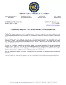 York County Drug Task Force Arrests Two For Distributing Cocaine - April 27, 2018