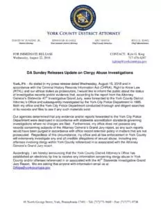 DA Sunday Releases Update on Clergy Abuse Investigations