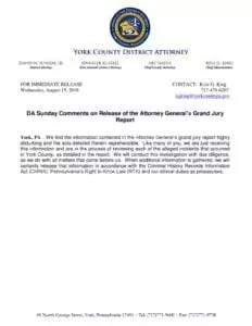 DA Sunday Comments on Release of the Attorney General’s Grand Jury Report