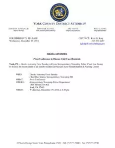 Media Advisory - Press Conference to Discuss Cold Case Homicide