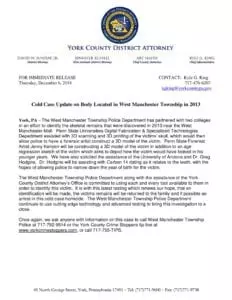 Cold Case Update on Body Located in West Manchester Township in 2013