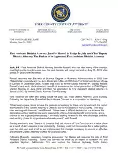 First Assistant District Attorney Jennifer Russell to Resign In July and Chief Deputy District Attorney Tim Barker to be Appointed First Assistant District Attorney