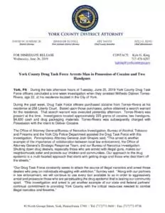 York County Drug Task Force Arrests Man in Possession of Cocaine and Two Handguns