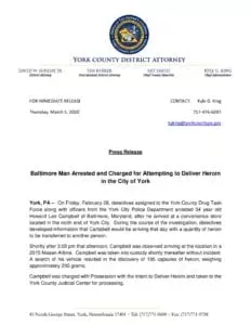 Baltimore Man Arrested and Charged for Attempting to Deliver Heroin in the City of York