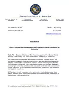 District Attorney Dave Sunday Appointed to the Pennsylvania Commission on Sentencing