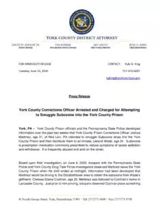 York County Corrections Officer Arrested and Charged for Attempting to Smuggle Suboxone into the York County Prison