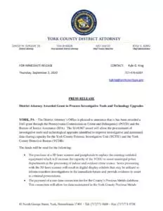 District Attorney Awarded Grant to Procure Investigative Tools and Technology Upgrades