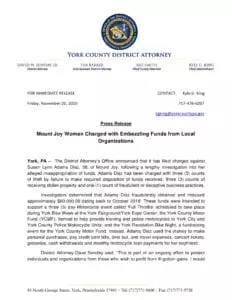 Mount Joy Woman Charged with Embezzling Funds from Local Organizations