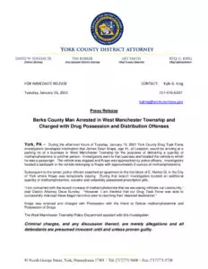 Berks County Man Arrested in West Manchester Township and Charged with Drug Possession and Distribution Offenses