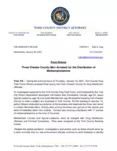 Three Chester County Men Arrested for the Distribution of Methamphetamine