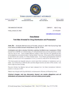York Man Arrested for Drug Distribution and Possession