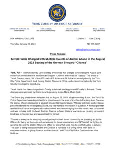 Press Release - Terrell Harris Charged with Multiple Counts of Animal Abuse in the August 2023 Beating of the German Shepard 